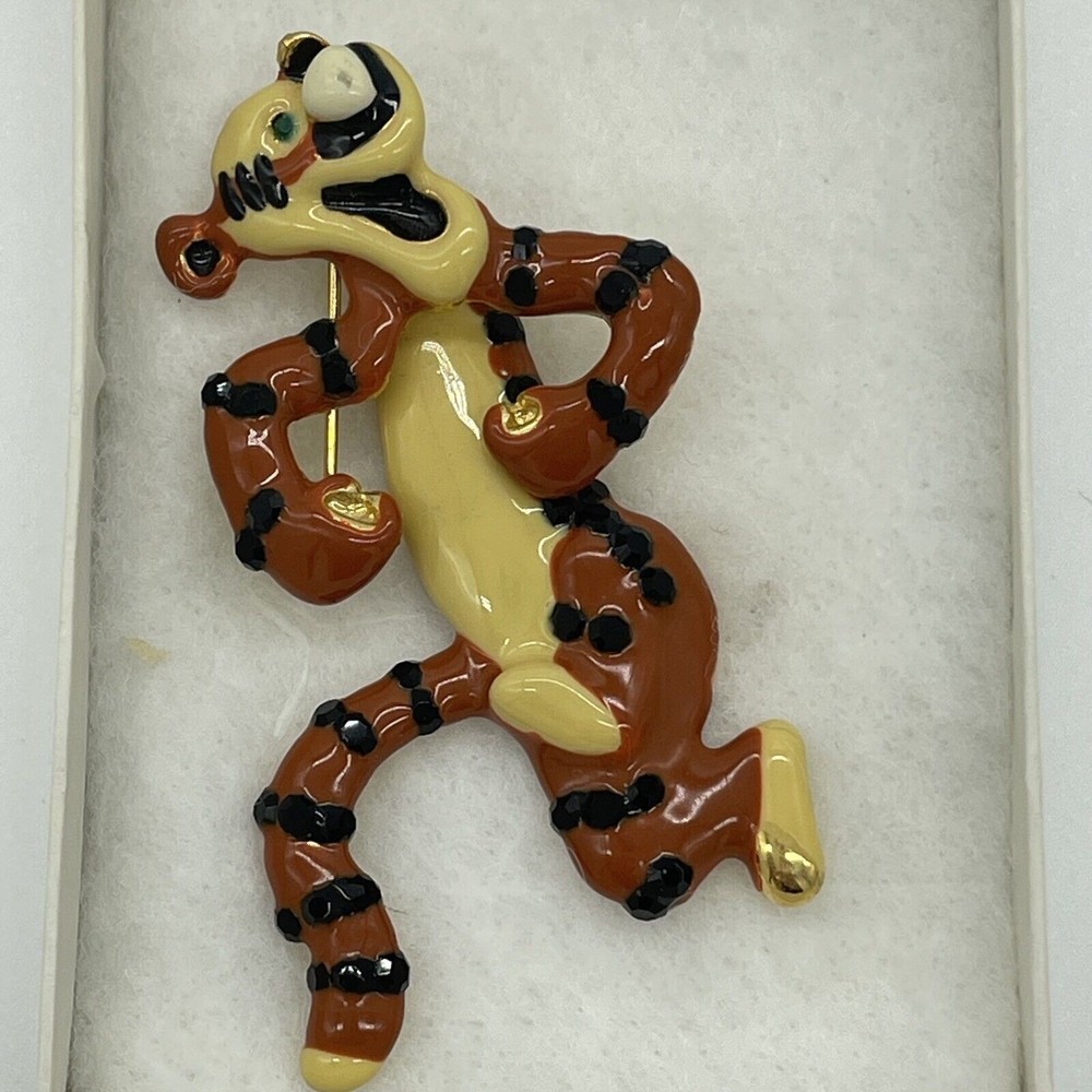 Unmarked  Vintage Tigger Brooch-Enamel- Black Rhinestones Gold Tone